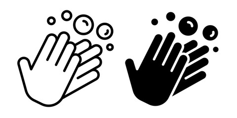 Wash or washing hands to keep clean icon set. Disease prevention protect, sanitizer, antiseptic, antibacterial symbols. Wash hands with rinse water, tap, soap, label, badge, logo, black, line, vector.