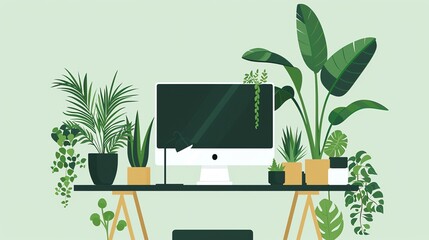 Minimalist vector-style corporate office workspace featuring a sleek desk, computer, and lush plants. Perfect for modern business designs, presentations, and office-themed projects. Clean, professiona