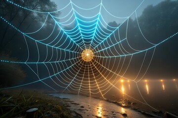 Glowing spiderweb over water with trees in the background at night time