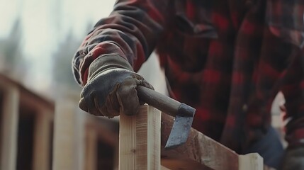 Carpenter Using an Axe to Shape Wood