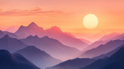 Obraz premium Serene mountain landscape at sunrise with misty valleys and a vibrant, colorful sky.