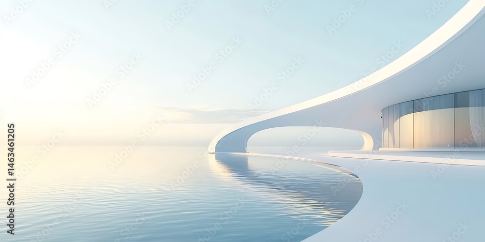 Poster 現代的な白い建築構造物が水辺に映る滑らかな湾の風景と穏やかな空のミニマリズム
