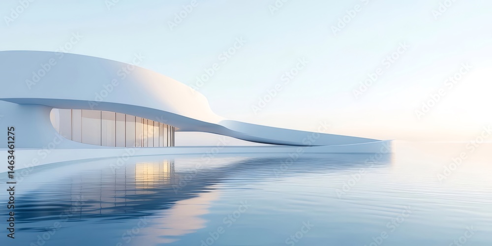 Aufkleber 明るい空の下の白い建築物の海辺の反射ミニマリストデザインで豪華な不動産を示しています