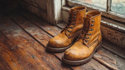 Pair of worn leather work boots resting by a window