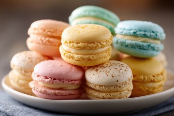 Fototapeta premium Colorful macarons in a delightful stack on a plate.