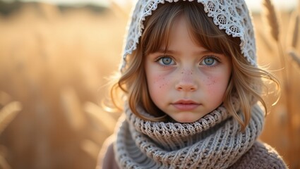 close-up portrait of a young girl light brown hair wearing light gray lacy headscarf background is a softly lit field 