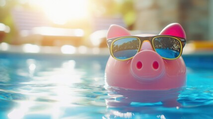 Pink inflatable pig wearing sunglasses floating in a pool under bright sunlight.