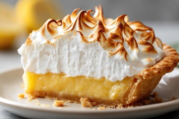Close-up view of a delicious lemon meringue pie slice.