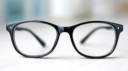 Black-rimmed reading glasses folded and resting on a bright white surface, clean and minimal visual with sharp focus 