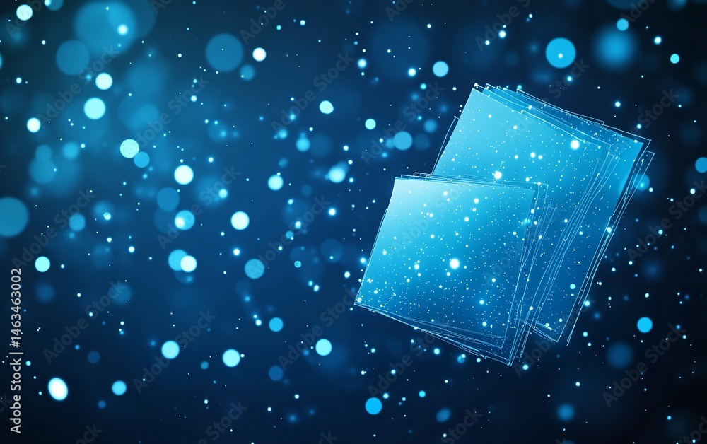 Poster abstract blue glowing squares digital art futuristic tech background sparkling lights bokeh effect m