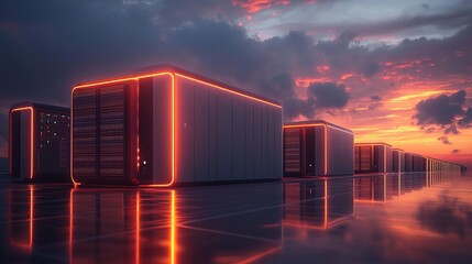 Hyper-realistic futuristic battery storage systems storing solar energy for night use