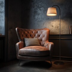 A cozy leather armchair beside a floor lamp, bathed in warm ambient lighting—perfect for relaxation, reading, or stylish home decor. Ideal for modern interiors