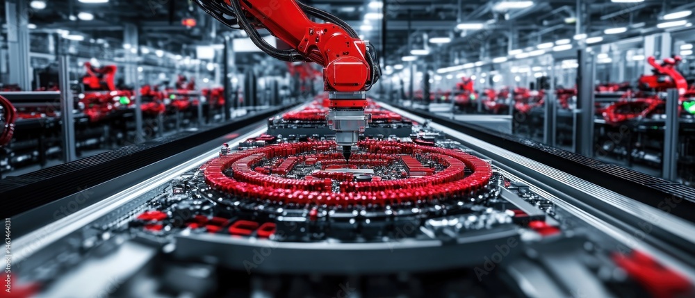 Poster robotic arm assembling components on factory production line