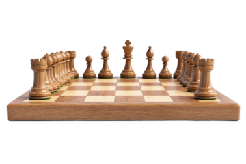 A chess board with all the pieces set up and ready to play on a wooden board with black background