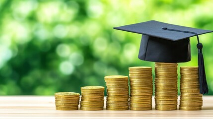 Growing stacks of gold coins with graduation cap education costs and investment