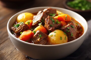Hearty beef stew in a bowl on a wooden table.
