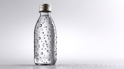 transparent plastic water bottle with condensation droplets, standing on white background