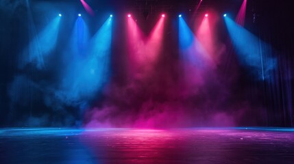 Empty stage illuminated with vibrant blue and pink spotlights creating a dramatic atmosphere.