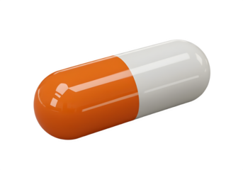 A single realistic medical capsule with a vibrant orange bottom and a clean white top, isolated on transparent background.
