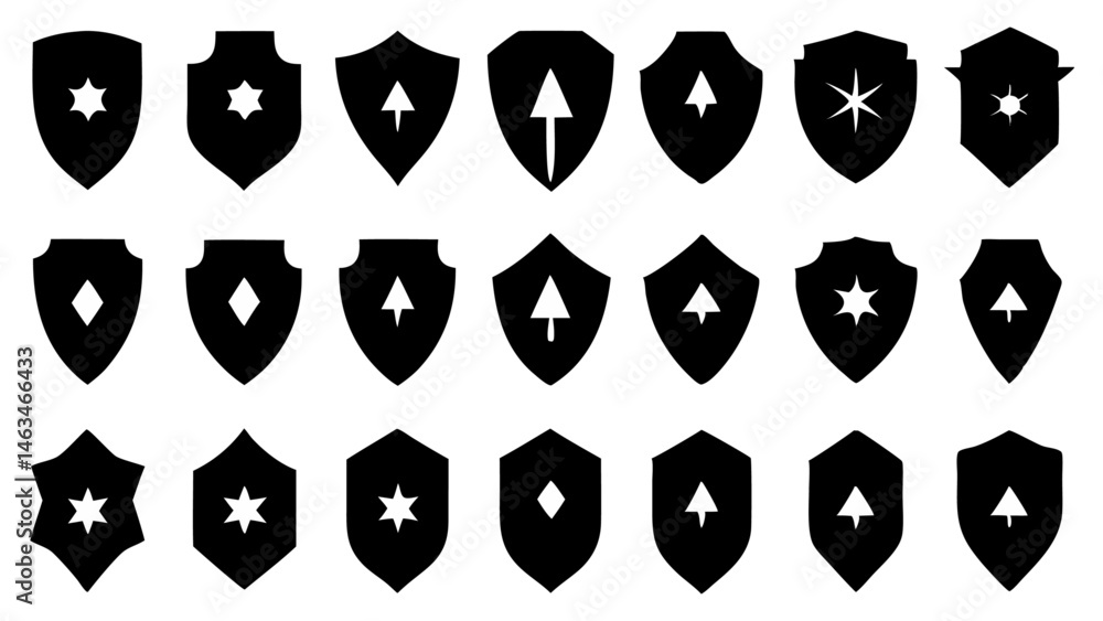 Poster a curated collection of flat silhouette icons featuring protective shields suitable for security web
