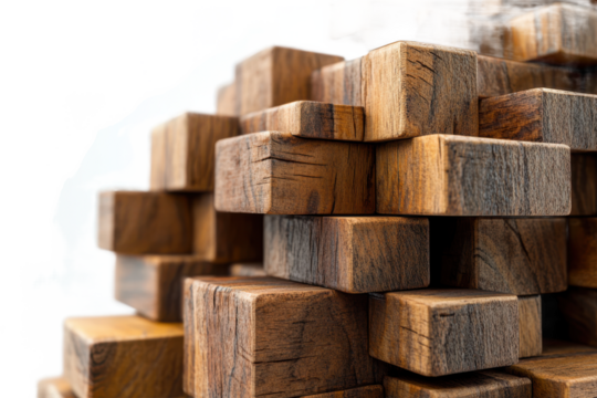 Close up of stacked wooden blocks creating an abstract geometric pattern and textured surface