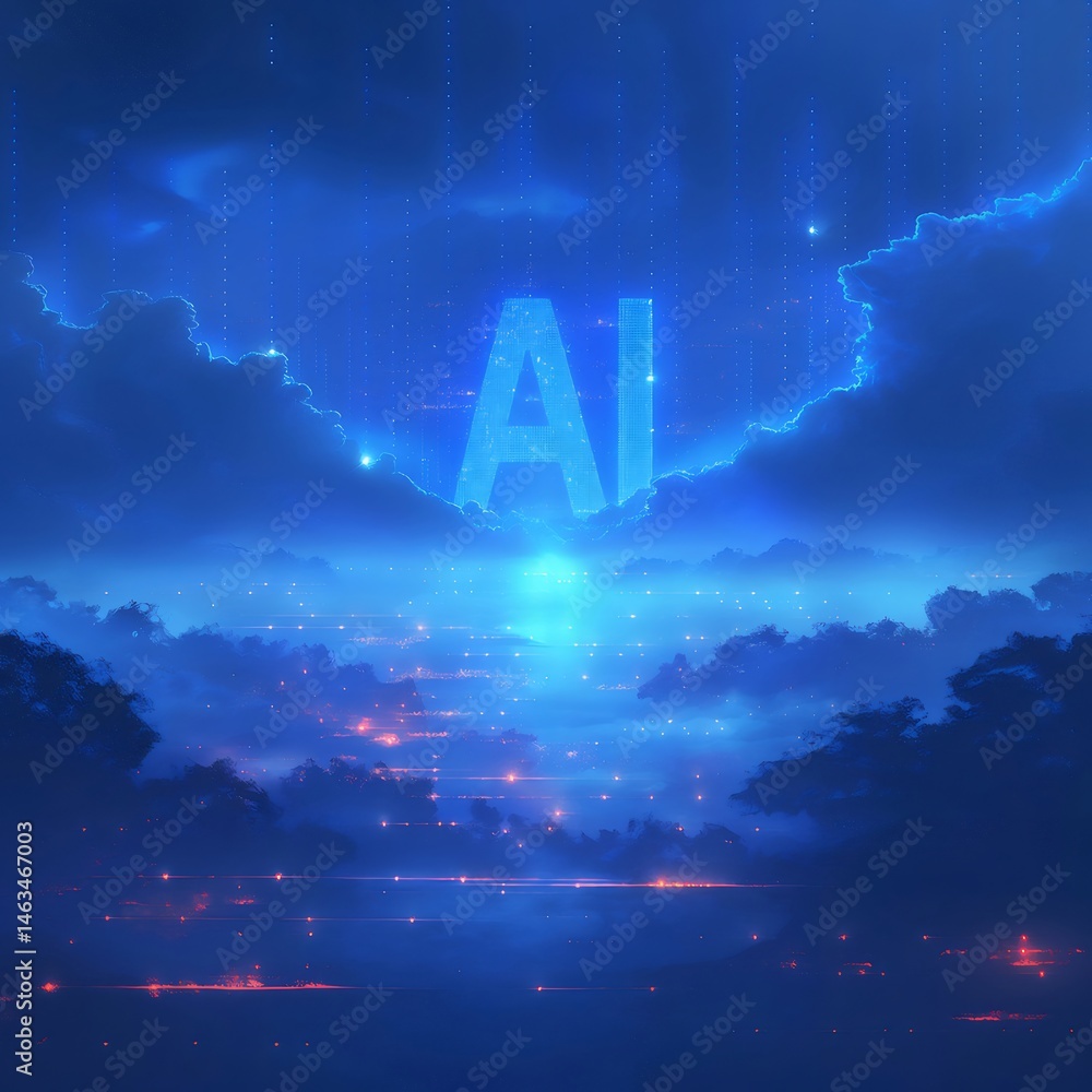 Poster 暗い青色の背景に輝くaiテキストとライトが特徴的な夜空の風景 未来的なテクノロジーのイラストレーション