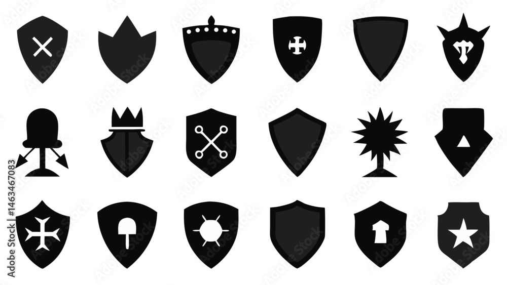 Poster curated flat silhouette icon set of protective shields perfect for enhancing the visual appeal of sa