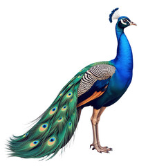 Fototapeta premium Majestic peacock standing proudly showcasing vibrant blue and green feathers with eye-catching spots perfect for luxury brand advertising campaigns and high-end marketing materials with copy