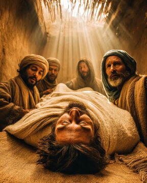 Four men lowering their paralyzed friend through a roof into a crowded house so that Jesus can heal him.