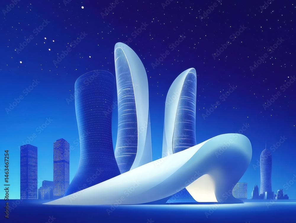 Poster 星空を背景にした青色の未来的な都市景観 高層ビルの抽象的な夜景