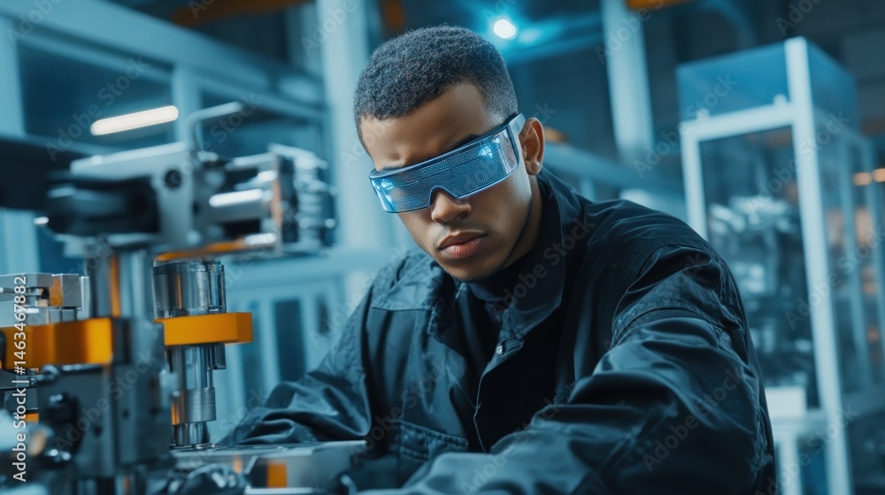 Poster focused technician using advanced machinery in futuristic factory setting