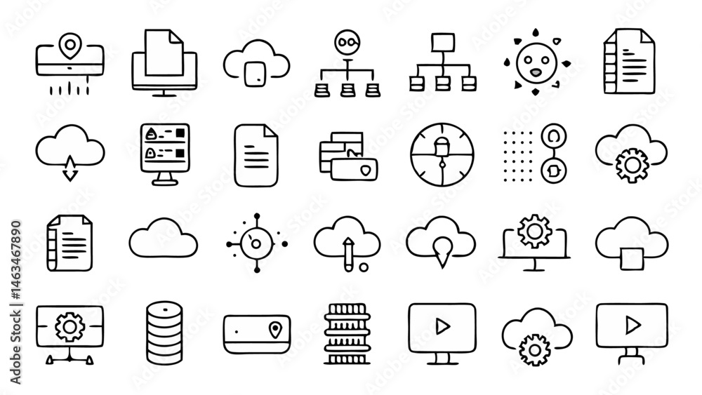 Poster modern line icon pack featuring cloud technology symbols like storage internet connectivity and serv