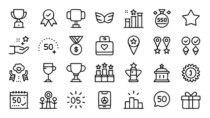 Fototapeta premium Award themed line icon pack in elegant linear style with trophy symbols medals badges and ribbons suitable for use in certificates websites and achievement sections