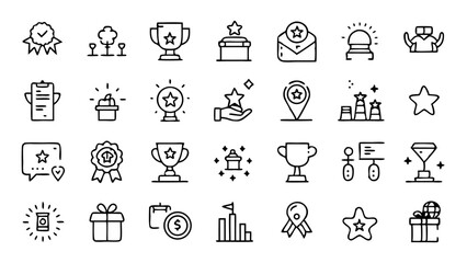 Set of award and recognition line icons created in a minimal linear style including popular symbols like medals and trophies for professional and stylish presentations