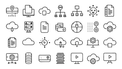 Modern line icon pack featuring cloud technology symbols like storage internet connectivity and server icons created in a simple clean outline for digital applications