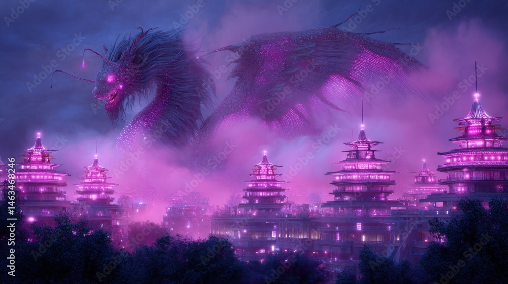 Poster hyperrealistic scene of a massive cyberpunk-style dragon statue with animated holographic scales