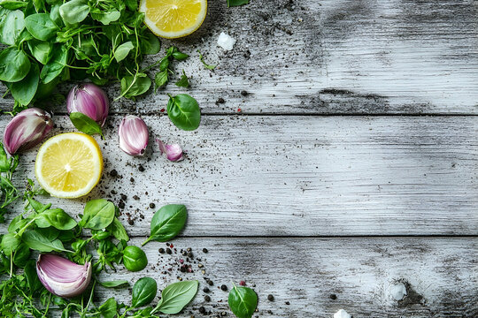 Fresh Herbs Lemons Garlic on Rustic Wooden Background