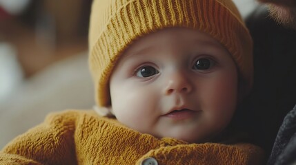 Baby Wearing a Yellow Knit Hat and Sweater