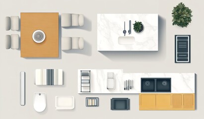 Modern Kitchen Dining Room Design Top View Plan Marble Countertops Stylish Furniture Elegant Decor Home Interior