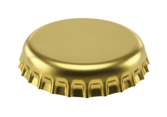 A shiny golden beer bottle cap with a metallic reflective surface, isolated on transparent background.
