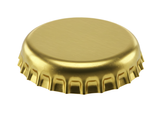 A shiny golden beer bottle cap with a metallic reflective surface, isolated on transparent background.
