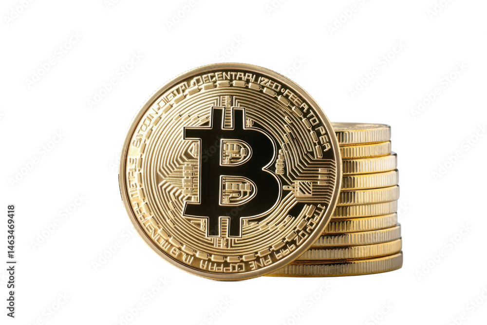 Poster close up of a stack of gold bitcoin coins with the bitcoin symbol on a black background image view