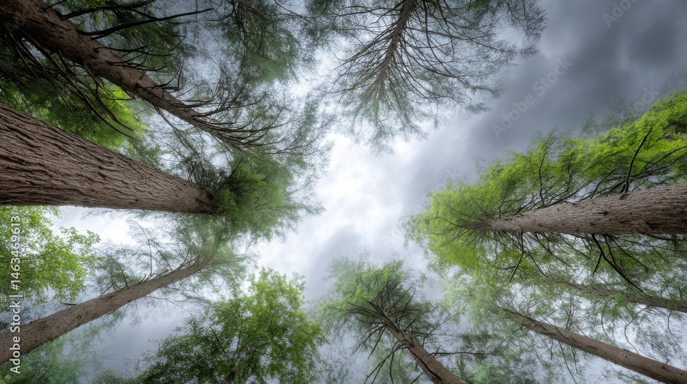 Poster looking up through dense old-growth forest with twisted tree trunks and tangled branches toward a st