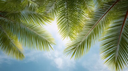 Fototapeta premium Looking up through massive tropical palm leaves toward a bright cyan sky, warm sunlight casting crisp shadows on the fronds 