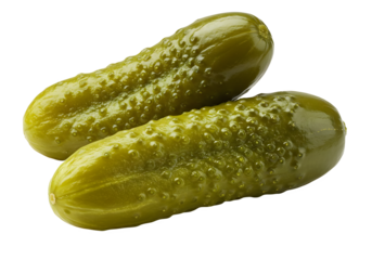 Two fresh pickled cucumbers with a glossy texture, detailed bumps, and vibrant green color isolated on transparent background.
