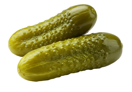 Two fresh pickled cucumbers with a glossy texture, detailed bumps, and vibrant green color isolated on transparent background.
