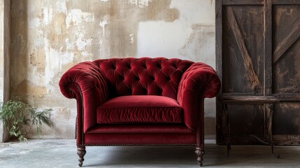 Red velvet armchair with ornate detailing
