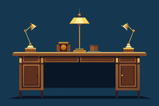 large wooden desk with gold trim and power accesso
