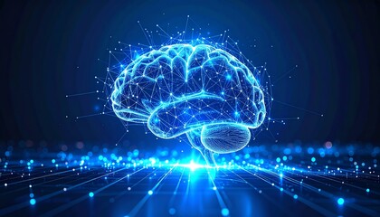 A glowing, digital brain composed of interconnected lines and nodes, symbolizing intelligence, technology, and innovation