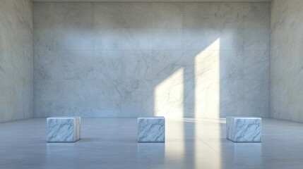 Three marble cubes minimalist room sunlight shadows modern interior design